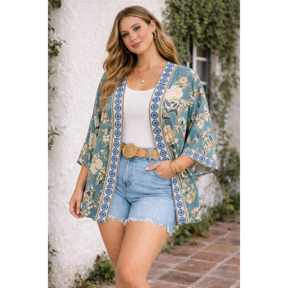 Knox Rose Floral Kimono Cardigan Women's Size L Teal Boho Open Front